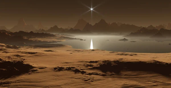 Титан, самая большая луна Сатурна с плотной атмосферой. Углеводородные озера и моря спутника Сатурна Титана. 3D иллюстрация — стоковое фото