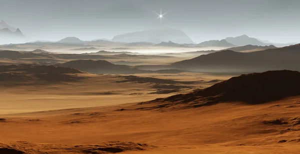 Coucher de soleil sur Mars. Paysage martien avec dunes de sable. Illustration 3D — Photo