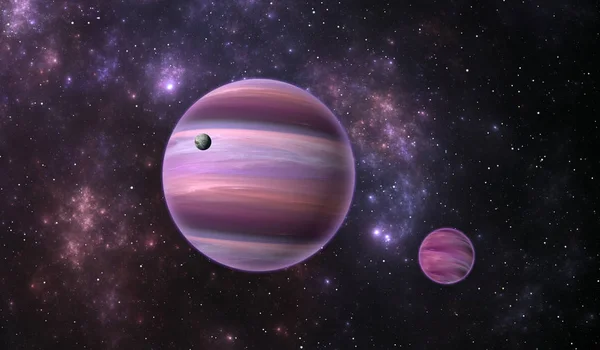 Extrasolar planet. Gas extrasolar planet with moon on background nebula, illustration — Stock Photo, Image