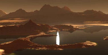 Titan, Satürn'ün en büyük ay yoğun bir atmosfere sahip. Hidrokarbon göller ve denizler Saturn Moon Titan. 3D çizim