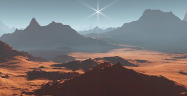 Mars'ta günbatımı. Mars peyzaj. 3D çizim