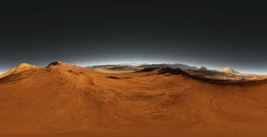 Mars günbatımı, çevre HDRI harita Panoraması. Eşit aralıklı dikdörtgen projeksiyon, küresel panorama. Mars peyzaj, 3d render