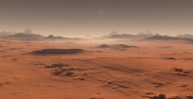 Mars'ta günbatımı. Mars peyzaj. 3D çizim