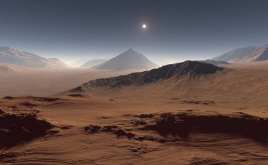 Mars'ta günbatımı. Mars peyzaj. 3D çizim
