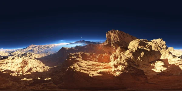 Panorama di fantasia paesaggio tramonto, ambiente HDRI mappa. Proiezione rettangolare, panorama sferico. rendering 3d — Foto Stock