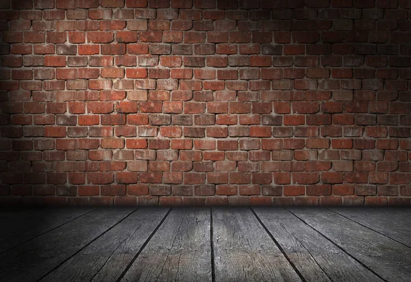 Escena oscura con proyector sobre fondo de pared de ladrillo rojo. Habitación de ladrillos vacíos con suelo de madera viejo — Foto de Stock