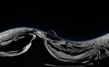 Phobos Panoraması kırmızı arka planda, çevre HDRI Mars gezegeni eşleyin. Eşit aralıklı dikdörtgen projeksiyon, küresel panorama. 3D render