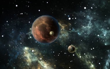 Arka plan bulutsusu üzerinde yıldızlar olan dış gezegenler veya Güneş dışı gezegenler, 3D illüstrasyon