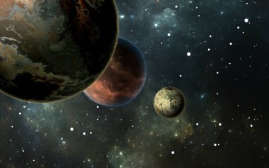 Arka plan bulutsusu üzerinde yıldızlar olan dış gezegenler veya Güneş dışı gezegenler, 3D illüstrasyon