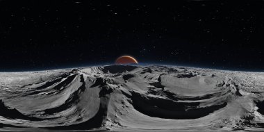 Arka planında kırmızı gezegen Mars olan Phobos Panoraması, çevre 360 Hdri haritası. Eş dikdörtgen projeksiyon, küresel manzara. 3d illüstrasyon