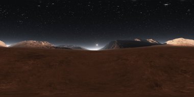 Mars 'ın günbatımı manzarası, çevre 360 Hdri haritası. Eş dikdörtgen projeksiyon, küresel manzara. Mars manzarası, 3D çizim