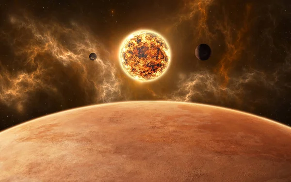 Planetas alrededor de la estrella enana roja. Nuevo sistema planetario, ilustración 3d — Foto de Stock