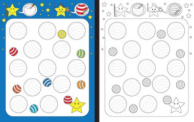 İnce motor becerileri - izleme pratik için okul öncesi çalışma sayfası satırları şeritli topları kesik.