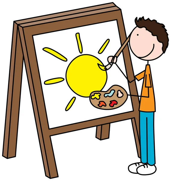 Illustrazione Cartone Animato Ragazzo Pittura Sole — Vettoriale Stock