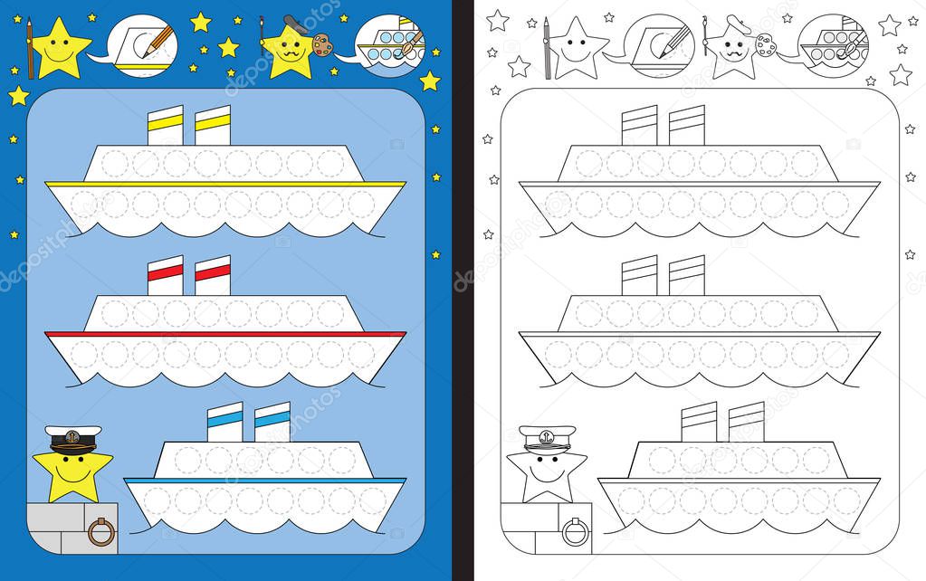 Preschool worksheet for practicing fine motor skills - tracing dashed lines of windows on cruise ships