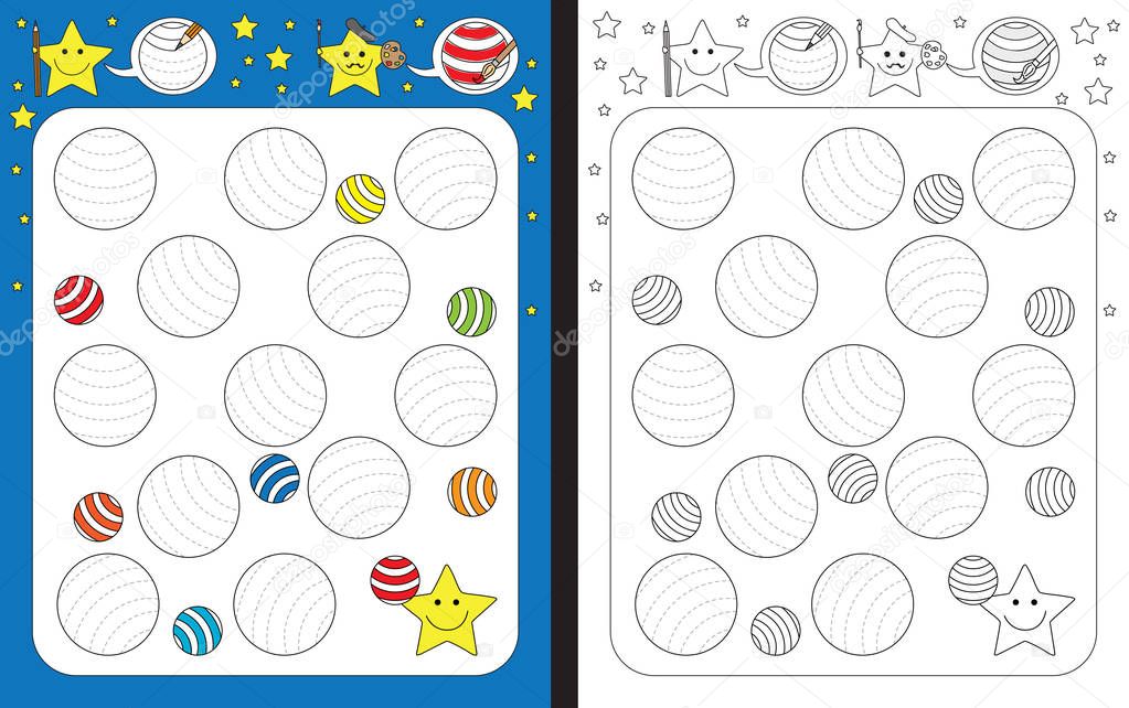 Preschool worksheet for practicing fine motor skills - tracing dashed lines on striped balls