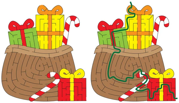 Santas bolsa de regalos laberinto — Vector de stock