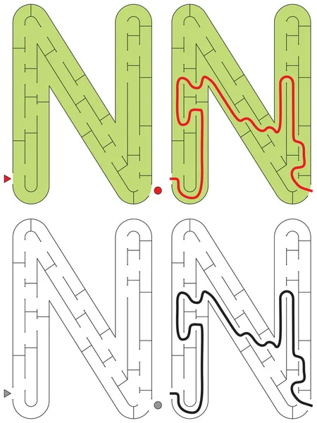 Laberinto de alfabeto fácil - letra N — Vector de stock