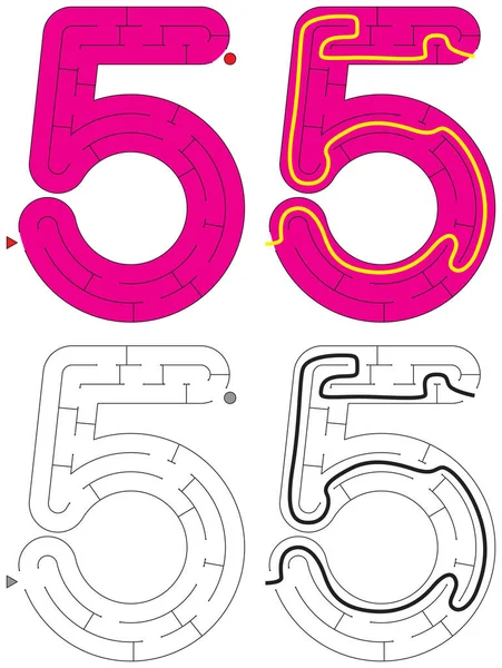 Einfaches Zahlenlabyrinth - Zahl 5 — Stockvektor