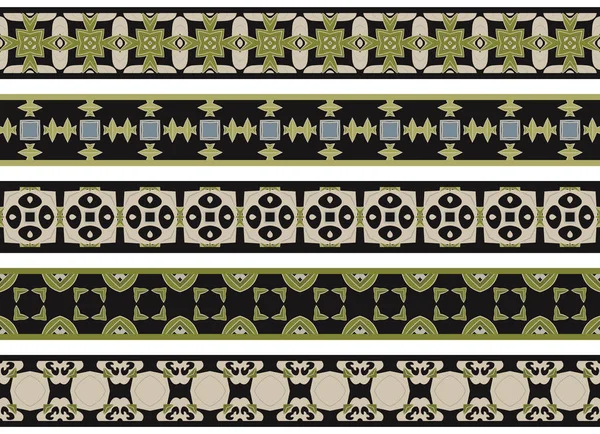 Uppsättning Fem Illustrerad Dekorativa Bårder Tillverkade Abstrakta Element Beige Grönt — Stock vektor