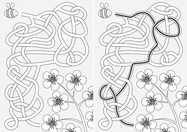 Abelha Cereja Flores Labirinto Labirinto Para Crianças Com Uma Solução —  Vetores de Stock