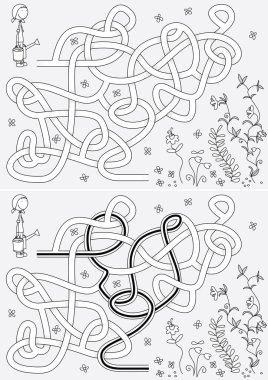 Çiçek bahçesini sulayan kız, çözümü olan çocuklar için labirent.