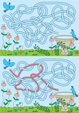 Çözümü olan çocuklar için kuş ve kuş banyosu labirenti