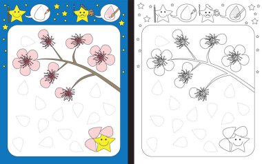 İnce motor beceriler için okul öncesi çalışma tablosu - kiraz yapraklarının kesik çizgilerinin izini sürmek