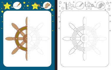 İnce motor becerileri çalışmak için okul öncesi çalışma tablosu - kesik çizgilerin izi - dümen çizimini tamamla