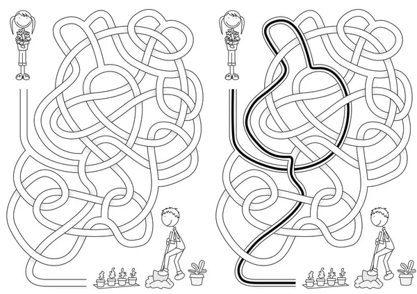 Kleine Gärtner Labyrinth Für Kinder Mit Einer Lösung Schwarz Weiß — Stockvektor