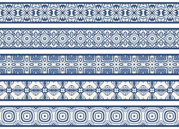 Set Five Illustrated Decorative Borders Made Abstract Elements White Blue — Stock Vector