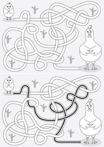 黒と白の溶液を持つ子供のための鶏の迷路 — ストックベクタ