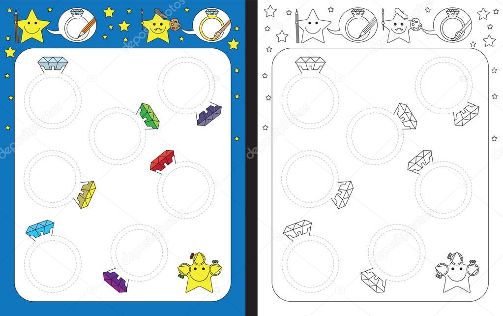 Preschool worksheet for practicing fine motor skills - tracing dashed lines of rings