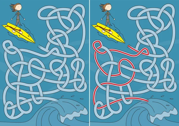 Labirinto Surfista Para Crianças Com Uma Solução —  Vetores de Stock