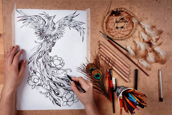 Hand drawing a phoenix in  creative environment.