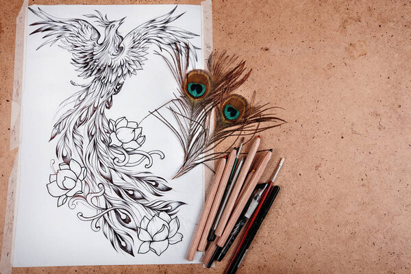 The creative environment of the artist drawing a beautiful picture.