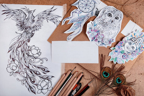 The creative environment of the artist drawing a beautiful picture.