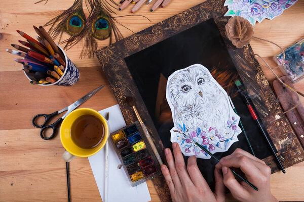 Hand drawing a owl in  creative environment.