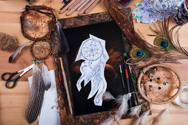 The creative environment of the artist drawing a beautiful picture.