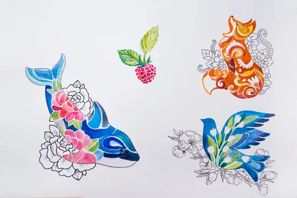 Sketches whales, foxes, birds and berries on a white background.