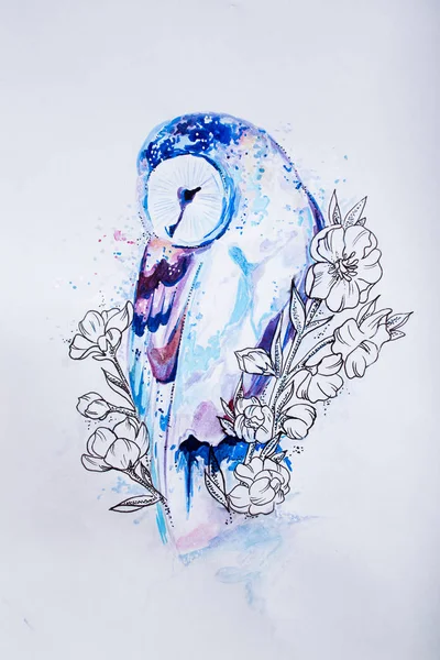 Sketch blue owl in colors on white background.