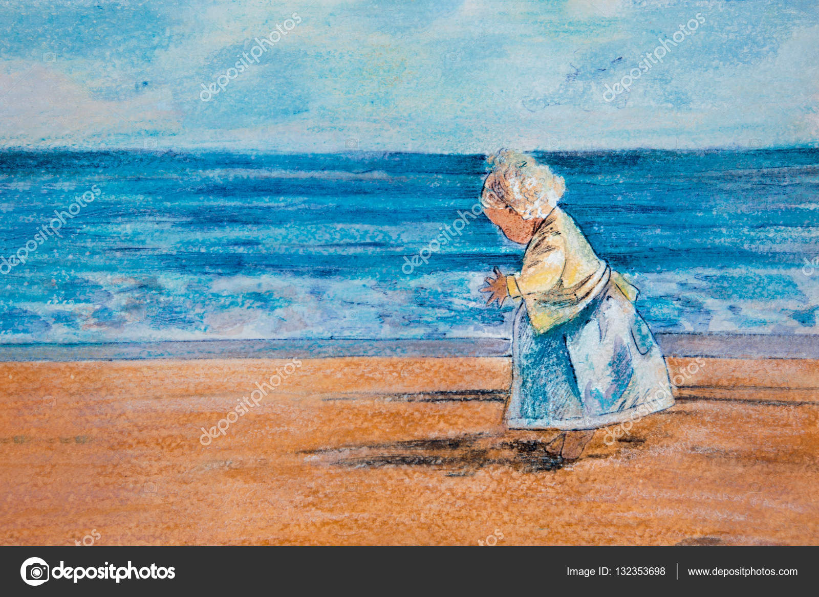 Ragazza di disegno per bambini che corrono lungo la spiaggia — Foto di nookphoto mail