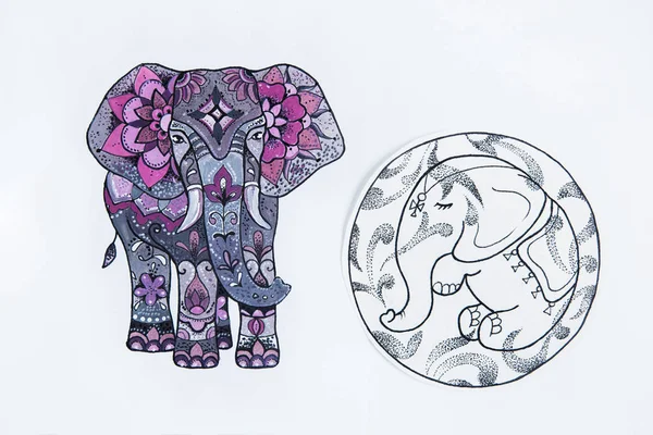 Sketch of beautiful elephants with interesting patterns.