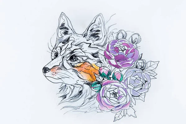 Σχεδιασμός αλεπού με μοβ άνθη ενάντια σε λευκό φόντο. — Φωτογραφία Αρχείου