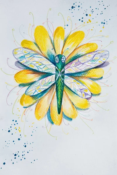 Schets van een dragonfly op gele bloem witte achtergrond. — Stockfoto
