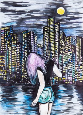 Kadın büyük şehirde geceleri gösteren şekil.