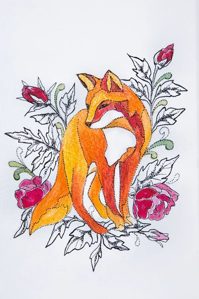 Sketch foxes in the flowers on a white background. — Stock Photo, Image