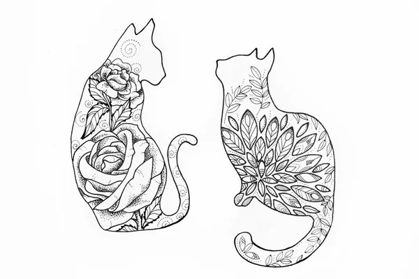 Sketch cats with patterns on a white background. — Stock Photo, Image