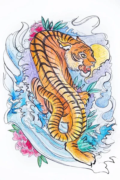 日本老虎在白色背景上的素描. — 图库照片