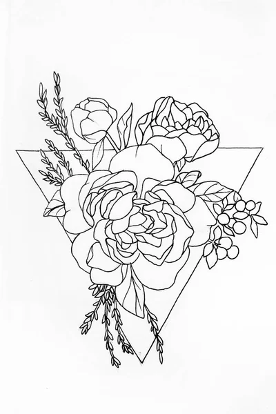Sketch of a rose in triangle on white background.